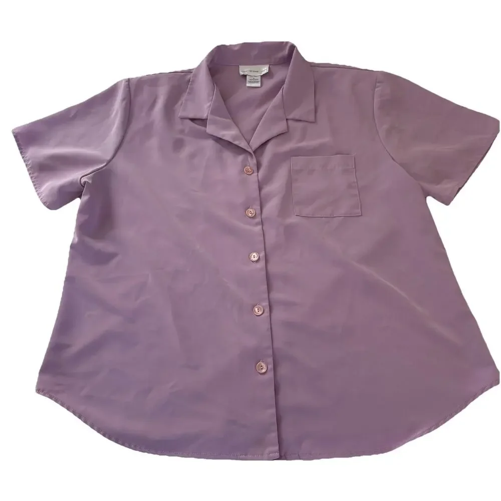 Vintage Susan Graver Style Lavender Short Sleeve Button Down Shirt Size XL